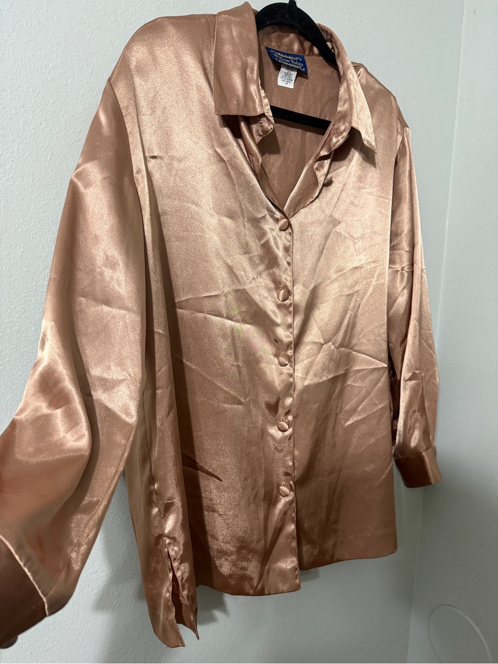 Vintage Willow Ridge Satin Silky Button-Up Blouse in Shiny Copper 14P